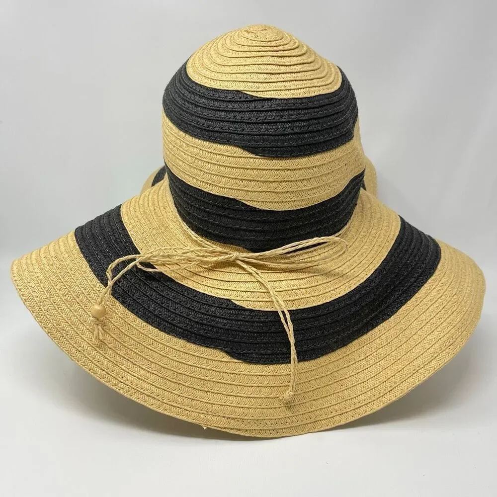 Panama Jack Sun Straw Hat Tan Navy Blue Tassel Floppy Wide Brim Women’s OSFM
